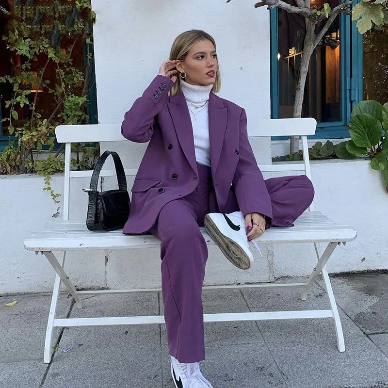 Loose Vintage Purple Women Blazer Suits Peaked Lapel Wide Legs Pants 2 Pieces Custom Made Double Breasted Casual Young Jacket