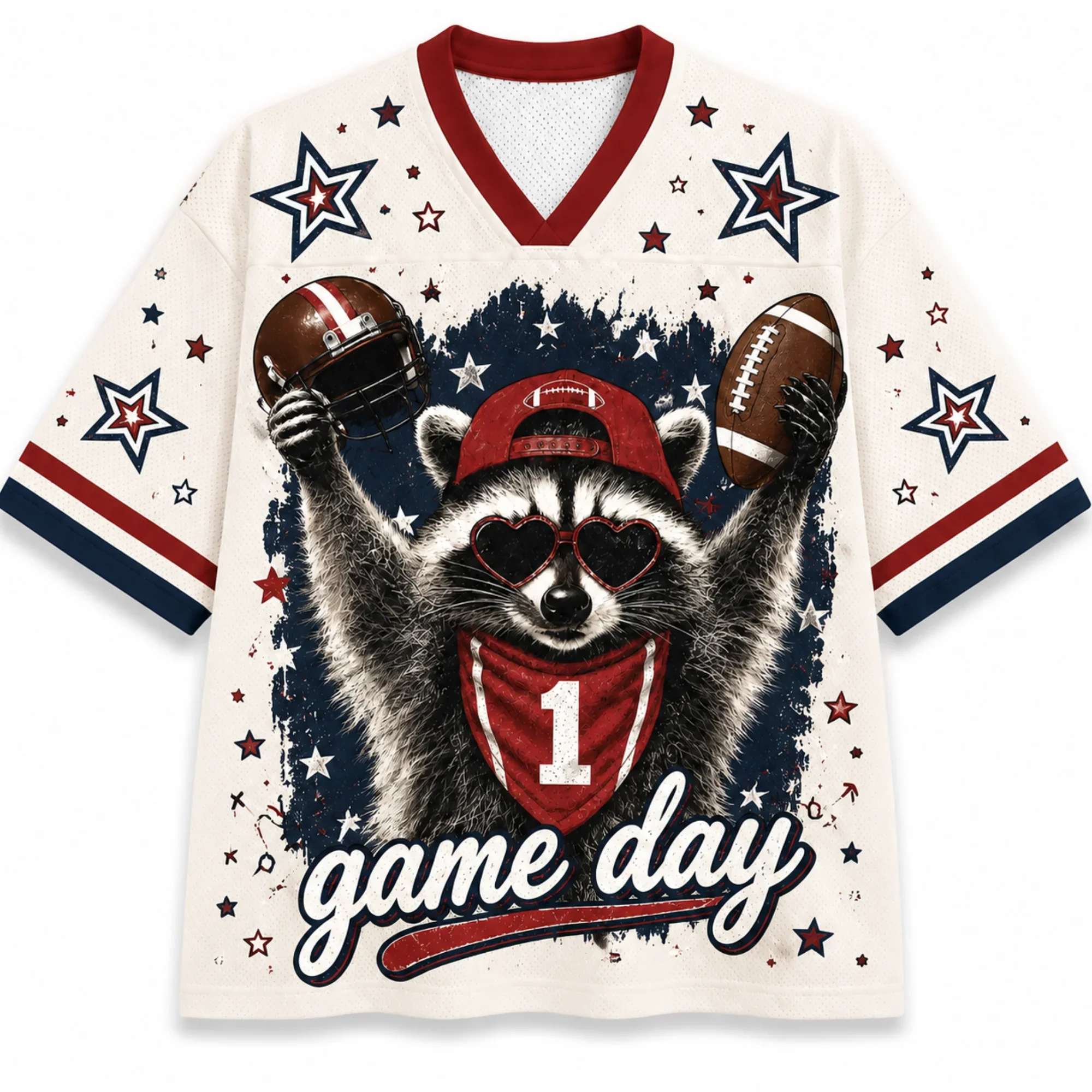 3D Printed Race Day Cute Raccoon with Heart-shaped Sunglasses and Star Pattern 3D Full Printed Short Sleeved Casual Loose Top