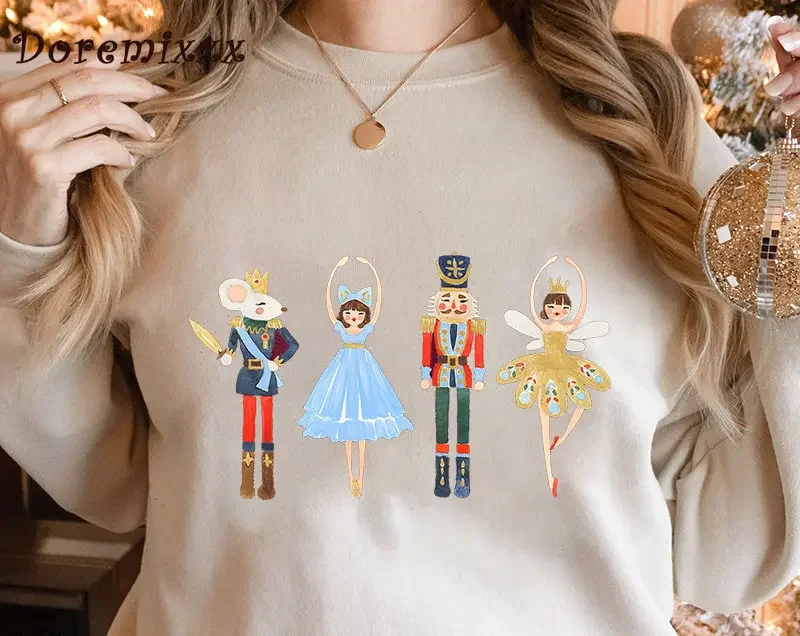 Women Loose O-Neck Nutcracker Sweatshirt Cotton Long Sleeve Casual Female Simple Pullovers Sugar Plum Fairy Hoodies Christmas