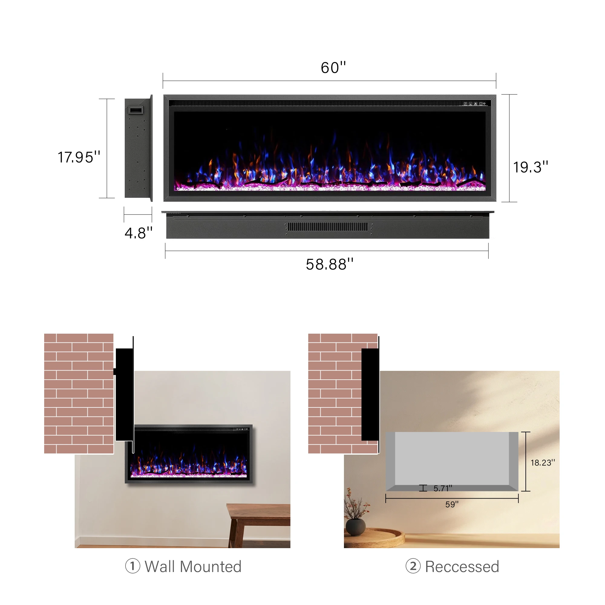 US Plug Type Electric LED Light Flame Heated Fireplaces with WiFi/APP Control Insert Installation Outdoor Household Hotel Use