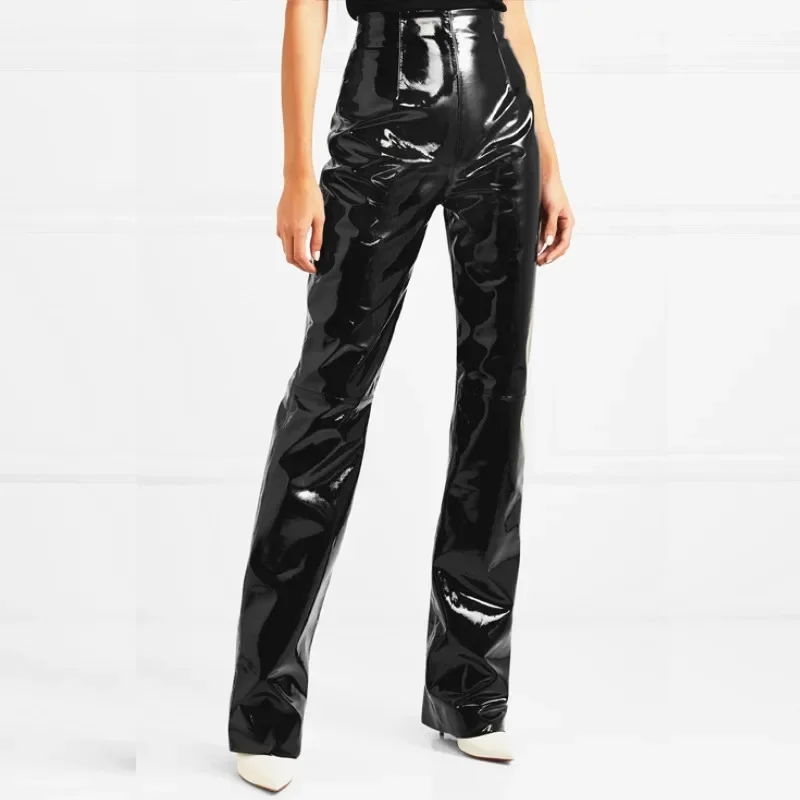Women High Waist PU Leather Straight Pants Shiny Faux Leather Trousers Ladies Punk Faux Latex Pants Spring New Support Custom