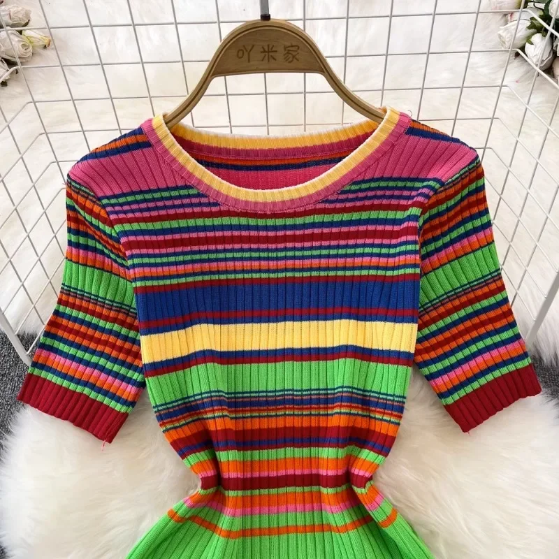 Vintage Elastic Rainbow Striped Dress for Women Summer Slim Waist Bodycon Dresses Y2k Maxi Long Vestido Feminino