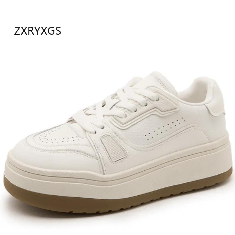 

ZXRYXGS 2026 New Fashion Versatile Lace-up Genuine Leather White Sneakers Women Thick Soled Heighten Sneakers Casual Shoes Tide