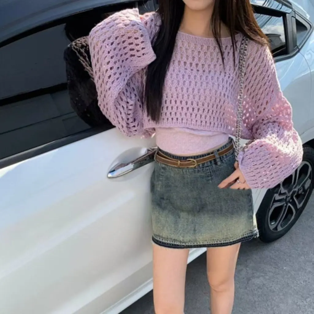 

Women's Short Cut out Knitwear Set Korean Style Spring Autumn Thin Sun Protection Two-Piece Set for Vacation