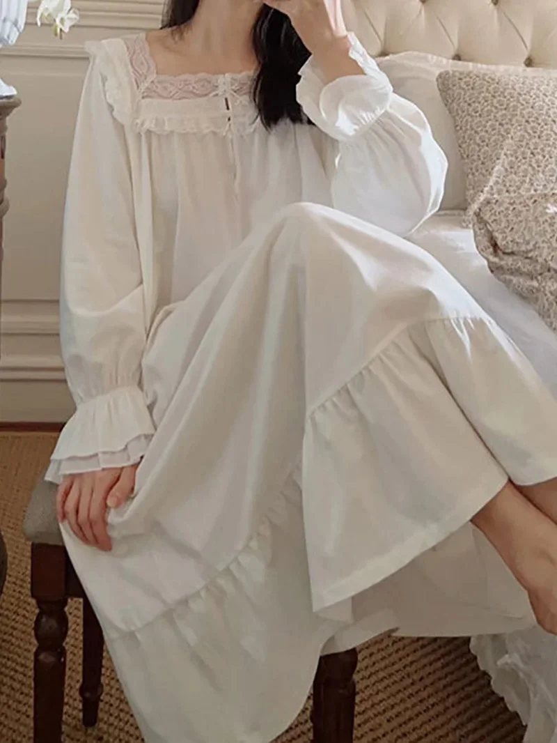 Women Pure Cotton Ruffles Vintage Nightgowns Robe Long Dress Fairy Victorian Romantic Princess Sleepwear Nightdress Homewear