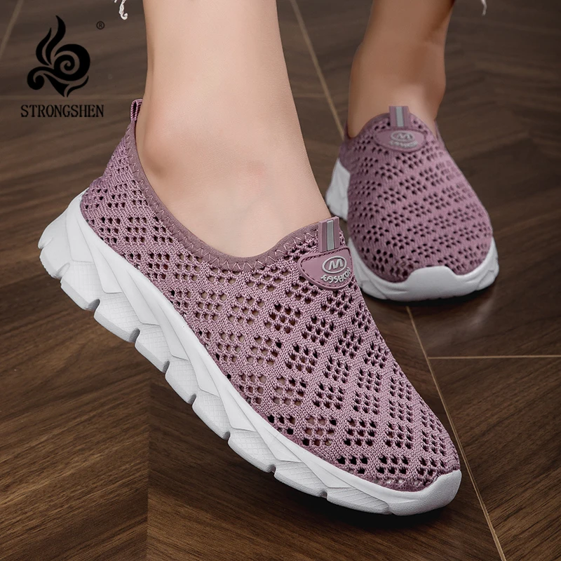 

STRONGSHEN Summer Women Flat Casual Shoes Mesh Comfortable Breathable Hollow out Slip on Sports Walking Sneaker Zapatos De Mujer