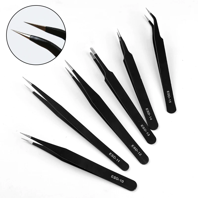 1PCS Anti-static ESD Stainless Steel Tweezers Maintenance Tools Industrial Precision Curved Straight Tweezers Repair Tool Watch