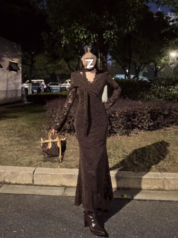 Retro Y2K Crochet Lace Cutout Brown Bodycon Dress French V-neck Long-sleeve Pencil Mermaid Hem Dress Party Prom Vestidos Robe