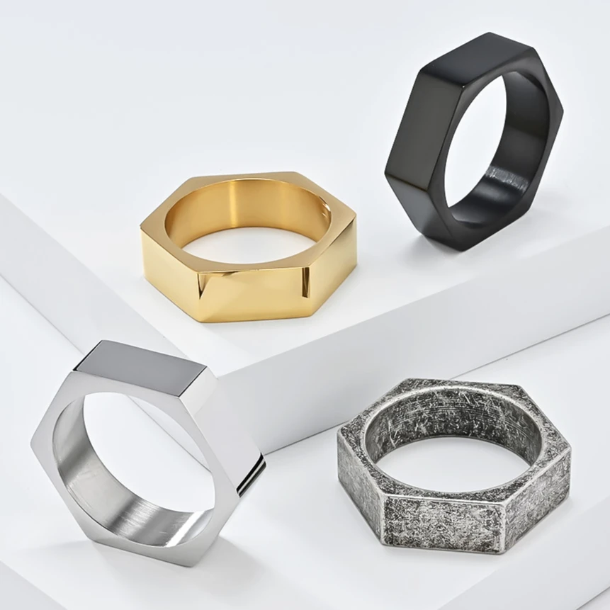 Men Cool Ring Stainless Steel Masculine Geometric Hexagon Band Cocktail Party Ring Black Silver Gold Color