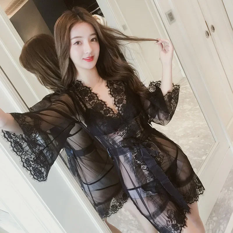 

Embroidery Lace Flower Transparent Mesh Erotic Women Nightgown Sexy Lingerie V Neck Show Breast Sexy Lady Pajamas Dress