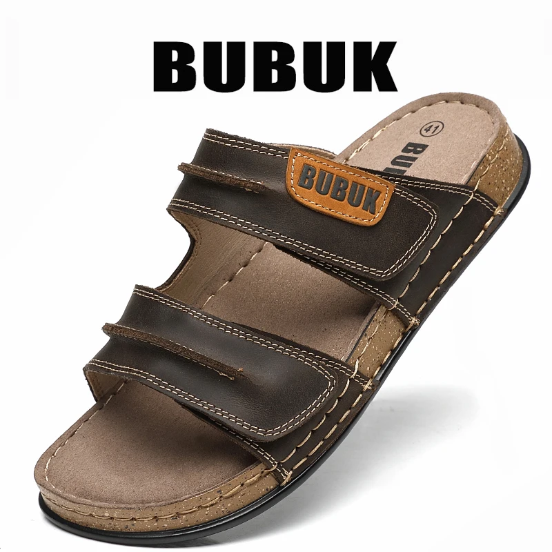 Bubuk Men's First-Layer Cowhide Slip-On Sandals with Double Velcro Straps, Vintage Distressed Leather Surface, Breathable and Non-Abrasive, Suitable for Both Outdoor and Home Use