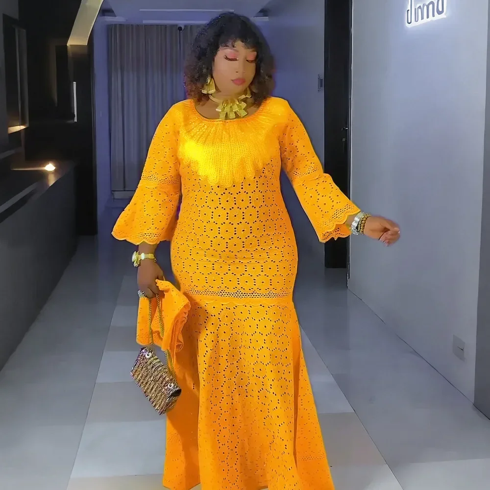 فساتين أفريقية للنساء الأنيقات تفريغ الدانتيل كم طويل أنيق الزفاف عباية Dashiki أنقرة رداء طويل ماكسي فستان Vestidos