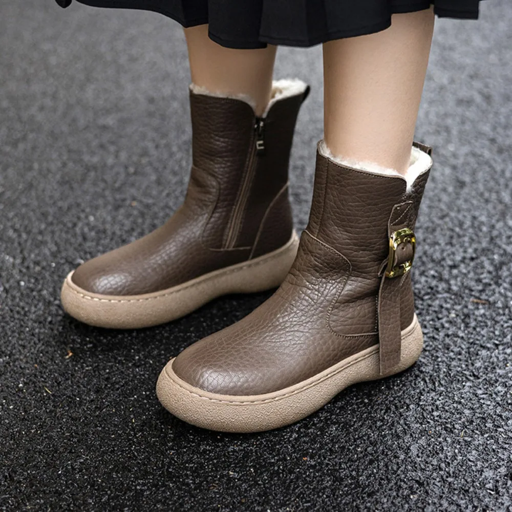 Women Genuine Leather Winter Ankle Boots, Metal Buckle Decor Side Zipper ShoesWarm Footwear for Daily Coldweather Outdoor Use