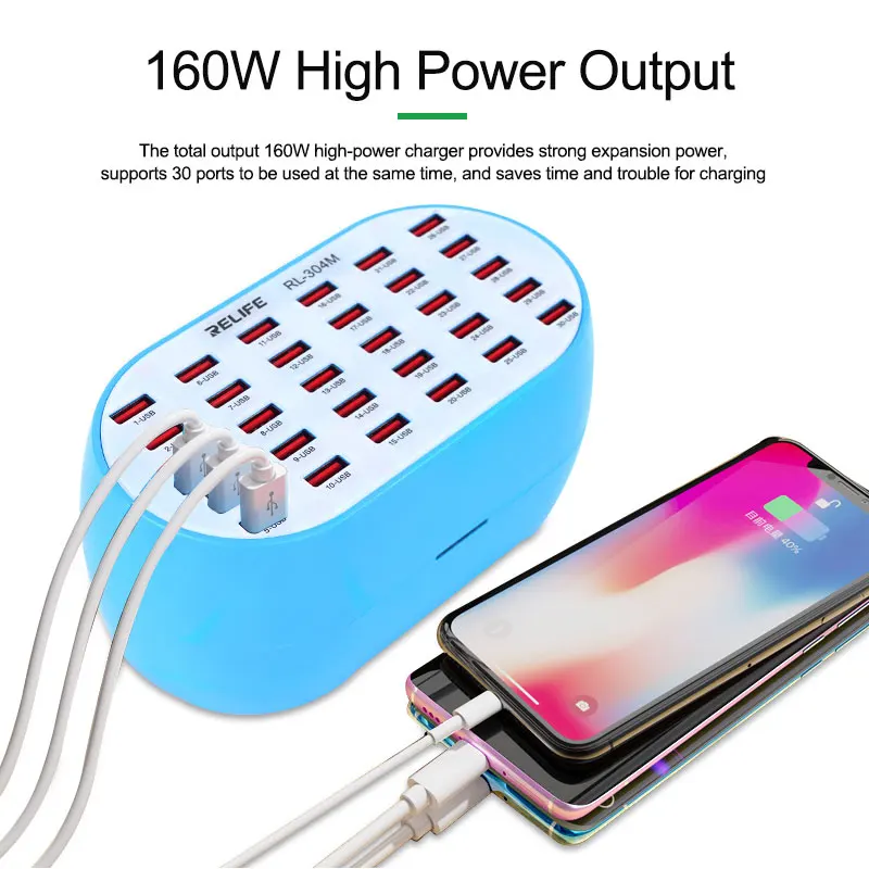 RELIFE RL-304M farger intelligente a 30 porte ad alta potenza da 160W per la ricarica del dispositivo digitale del Tablet del telefono cellulare