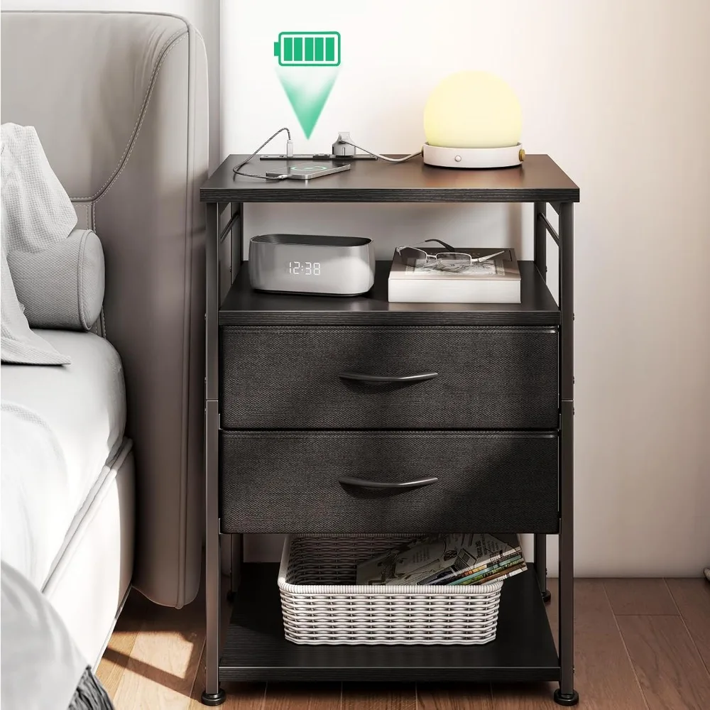 

AODK Night Stand with Charging Station, for Bedroom Tall Nightstand with Drawers,for Bedroom,4-Tier Storage Bedside Table, Black