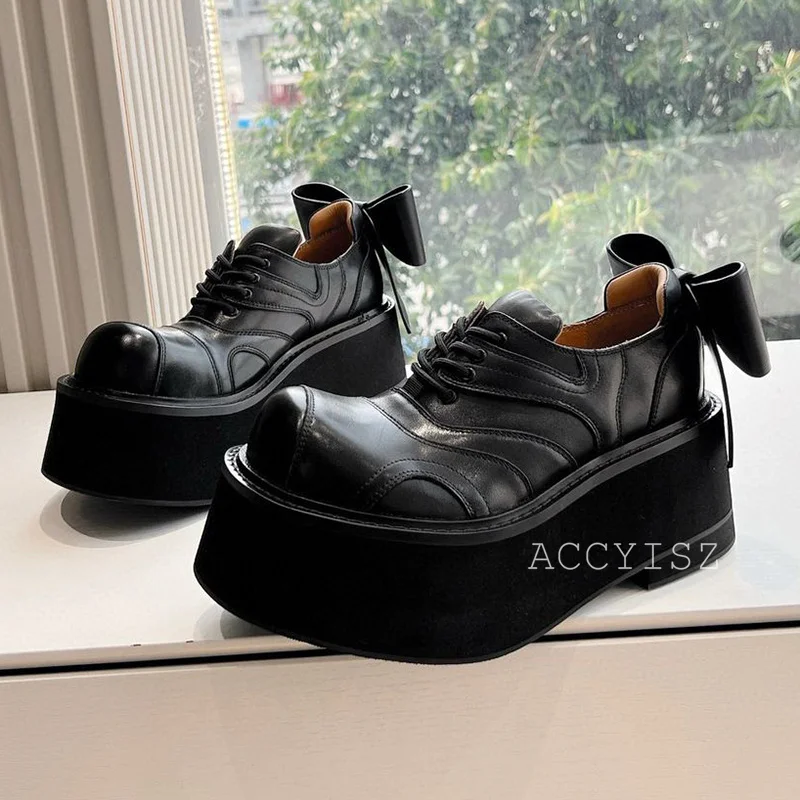 Sepatu hak tinggi tali gesper Chunky sepatu Mary Jane musim semi musim gugur kulit asli simpul pita wanita Pumps ujung bulat sepatu tunggal hak tinggi