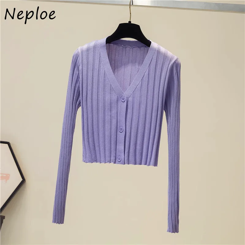 

Neploe White Thin Ice Silk Sun Protection Coat Summer New V-neck Single Breasted Cardigan Y2k Lng Sleeve Knitted Tops Women