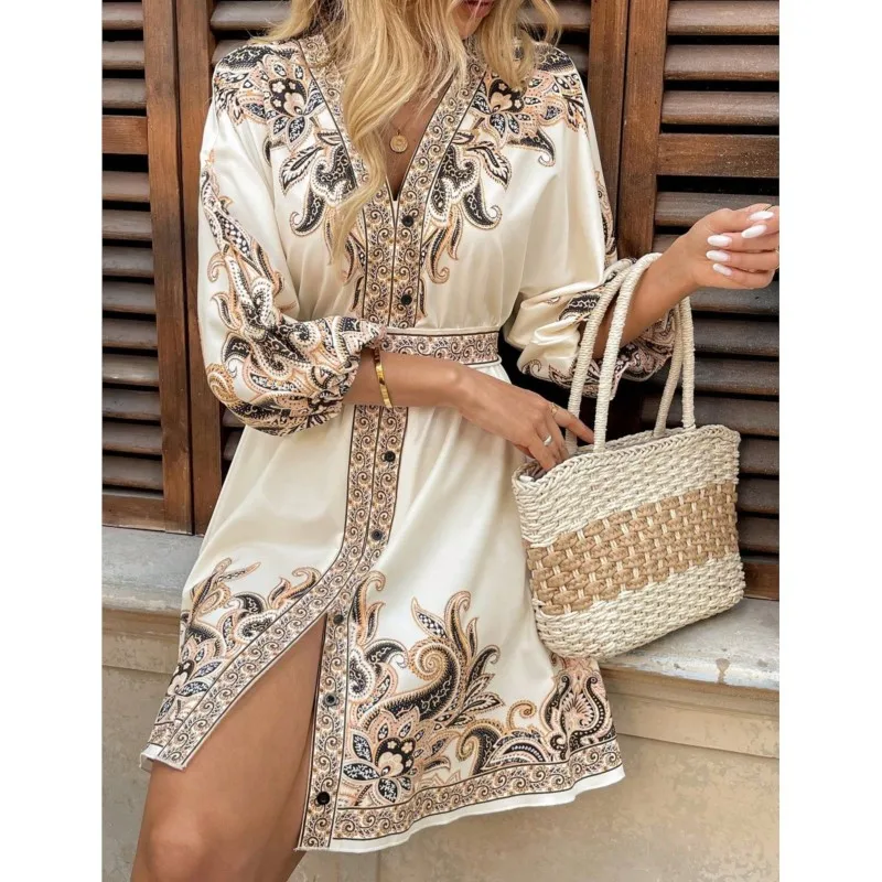 Vintage Chic Printed Short Dress Boho Vacation Style Fashion V-neck Lantern Sleeve Dresses For Women 2025 Elegant Lace Up