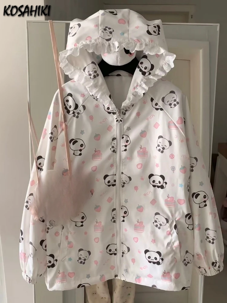 

Japanese Kawaii Cartoon Print Jackets Loose Y2k Casual Sun Protection Women's Tops Lace Patchwork Preppy Grunge Hooded Coats