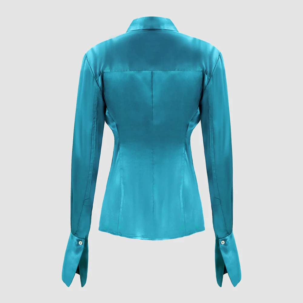 

Women's Lake Blue Satin Blouse Long Sleeve Slim Fit Button Down Shirt Elegant Office Work Tops 2026 Spring Autumn Y2k