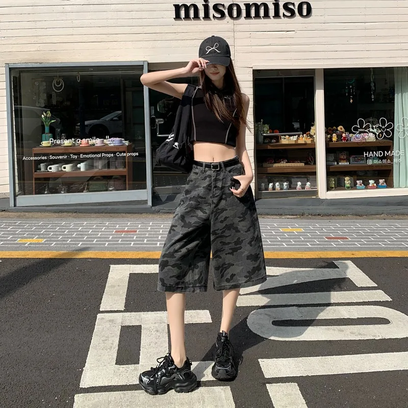 

Womens Jeans Pants Baggy Jeans American Camouflage Wide Leg Retro Versatile Casual Loose Seven Eighths Length