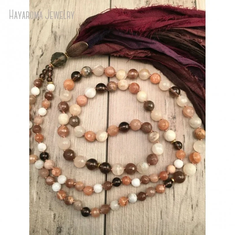 

10 шт., лунный камень, солнечный камень, джапа Мала, ожерелье, дымчатый кварц, сари, шелковое духовное медитационное йога, подарок, ювелирные изделия