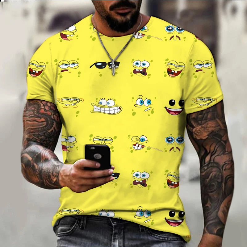 Summer New Cute SpongeBob Cartoon Print Youth Harajuku Casual T-Shirt 2024 Street Trend Versatile Men\'s Round Neck T-Shirt