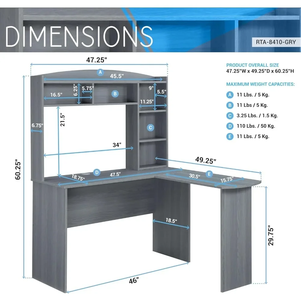 Modern Hutch L-Shaped Computer Desk, Grey