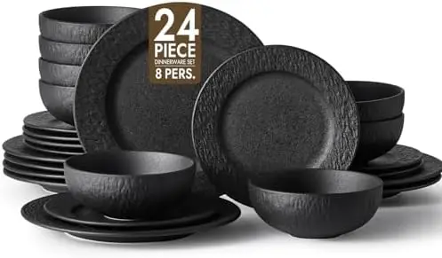 

KINGSTONE 24-Pc Black Matte Marble Porcelain Dinnerware Set – Microwave & Dishwasher Safe