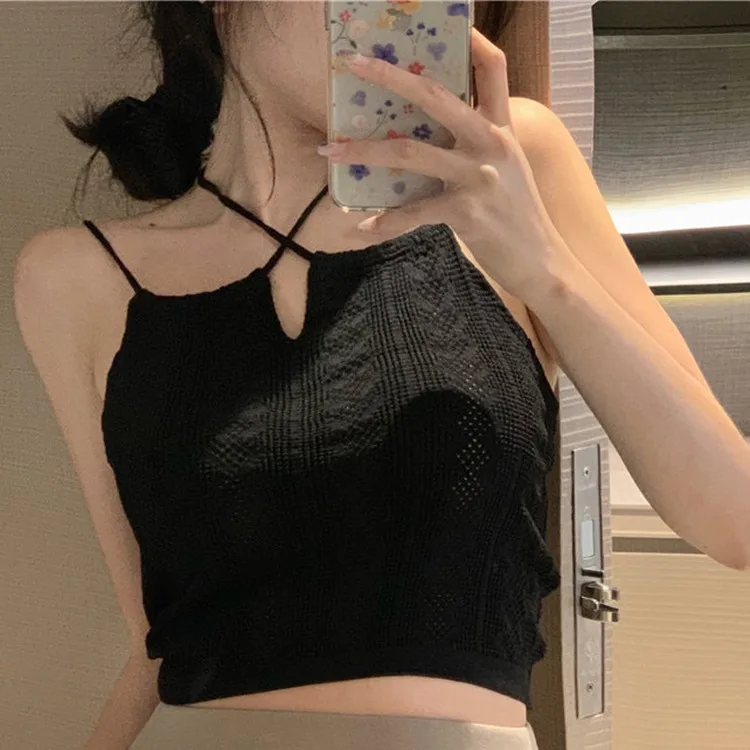 Women Sexy Halter Tops 2023 Summer Hollow Out Knitted Solid Cropped Tops Ladies Spaghetti Strap Camis Crop Top Y2k Fashion Tanks