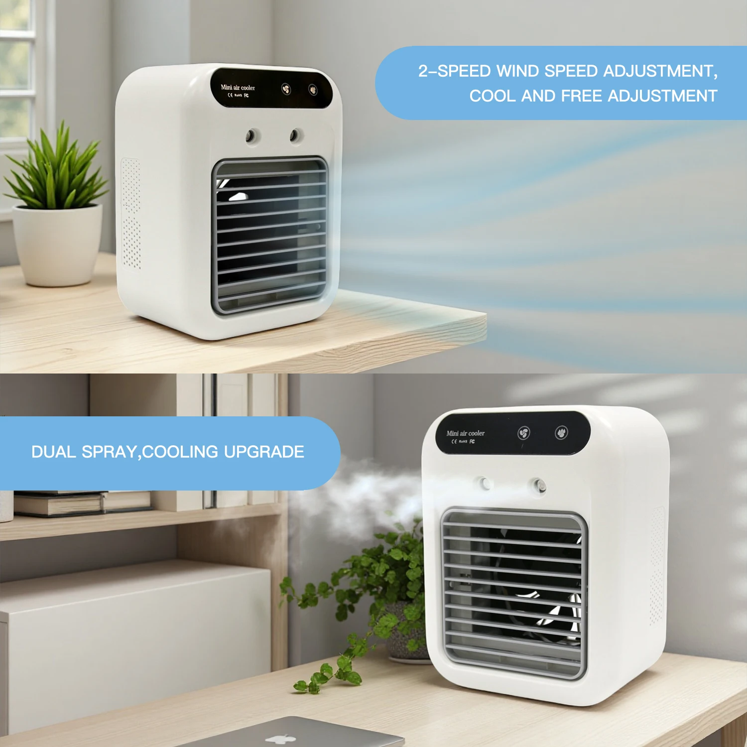 Mini USB Air Conditioner Fan, 2-Speed Touch Control, Mist Spray, 3-Second Cooling for Office & Dorm