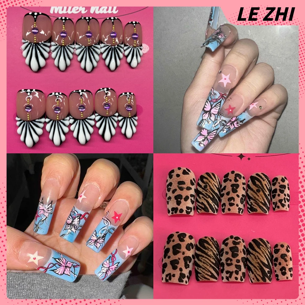 

Europe America Spice Girl Handmade Long Coffin Wearable Press On Nails Leopard Print Stripes Butterfly Stars Full Cover Nail