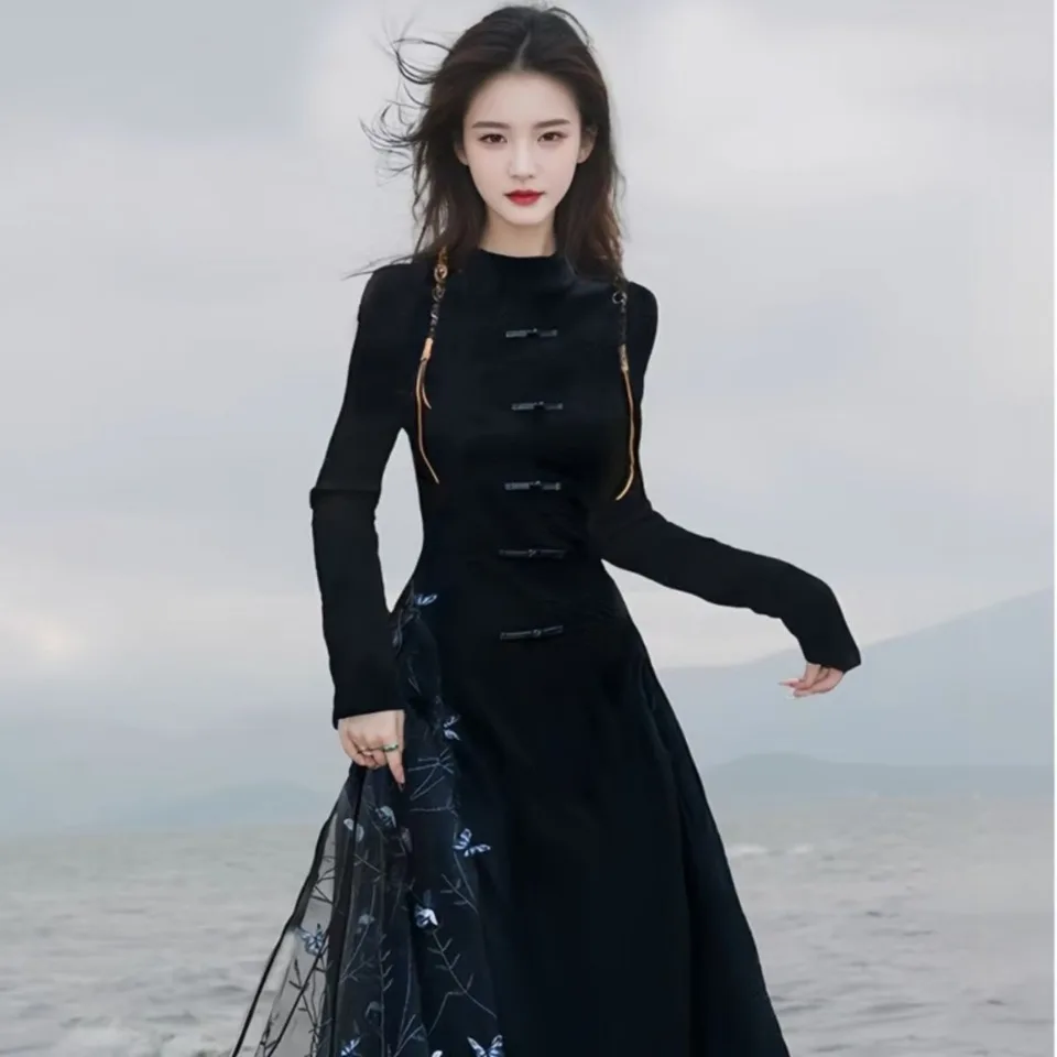 black oriental dress Oriental Dress Black Red Tang Qipao Evening Dresses Vintage Cheongsam  Traditional Chinese Style New Year Sexy Cheongsams Dress