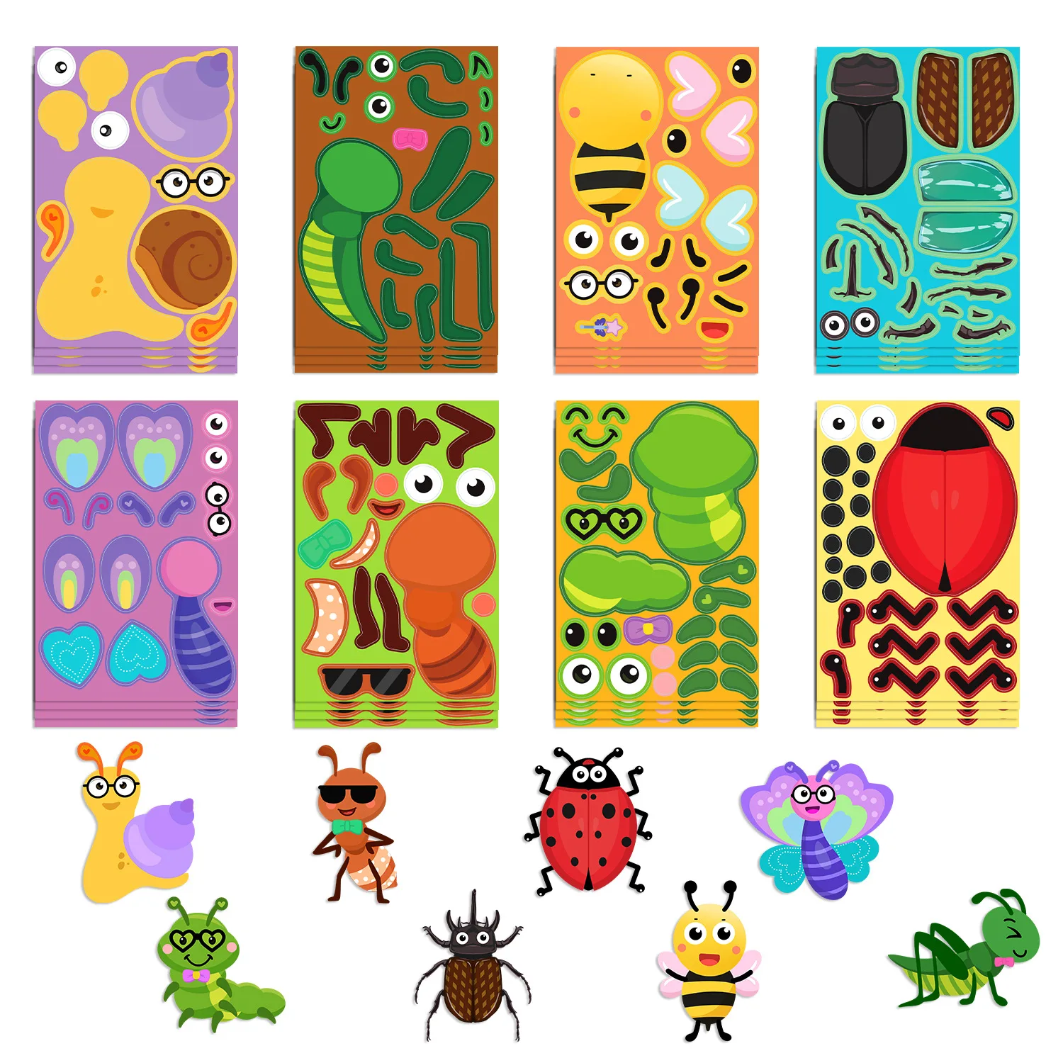 8/16 Pcs Cartoon Insect Animal Puzzle Make A Face Stickers DIY Game for Phone Case Notebook Fridge Suitcase Waterproof Decals