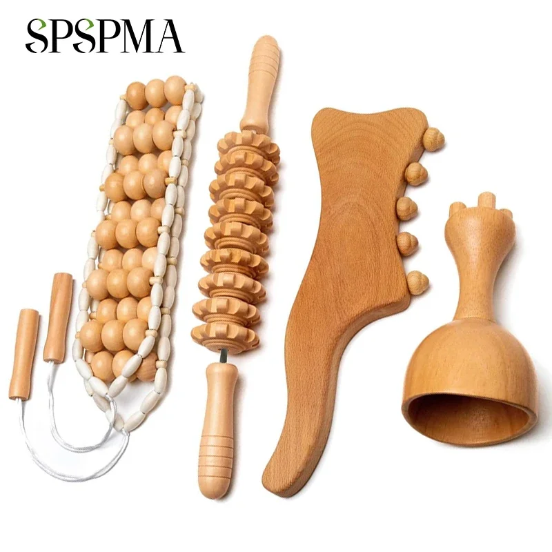 4Pcs/Set Wood Therapy Massage Tools - Professional Maderoterapia Kit Colombiana, Wooden Lymphatic Drainage Massager Tools