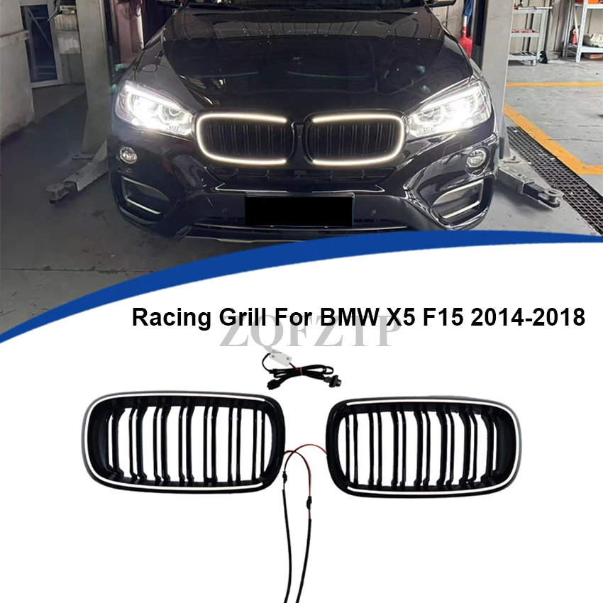 

For BMW X5 F15 2014-2018 Front Grille with LED Light Luminous Racing Grills Glossy Black Racing Grille