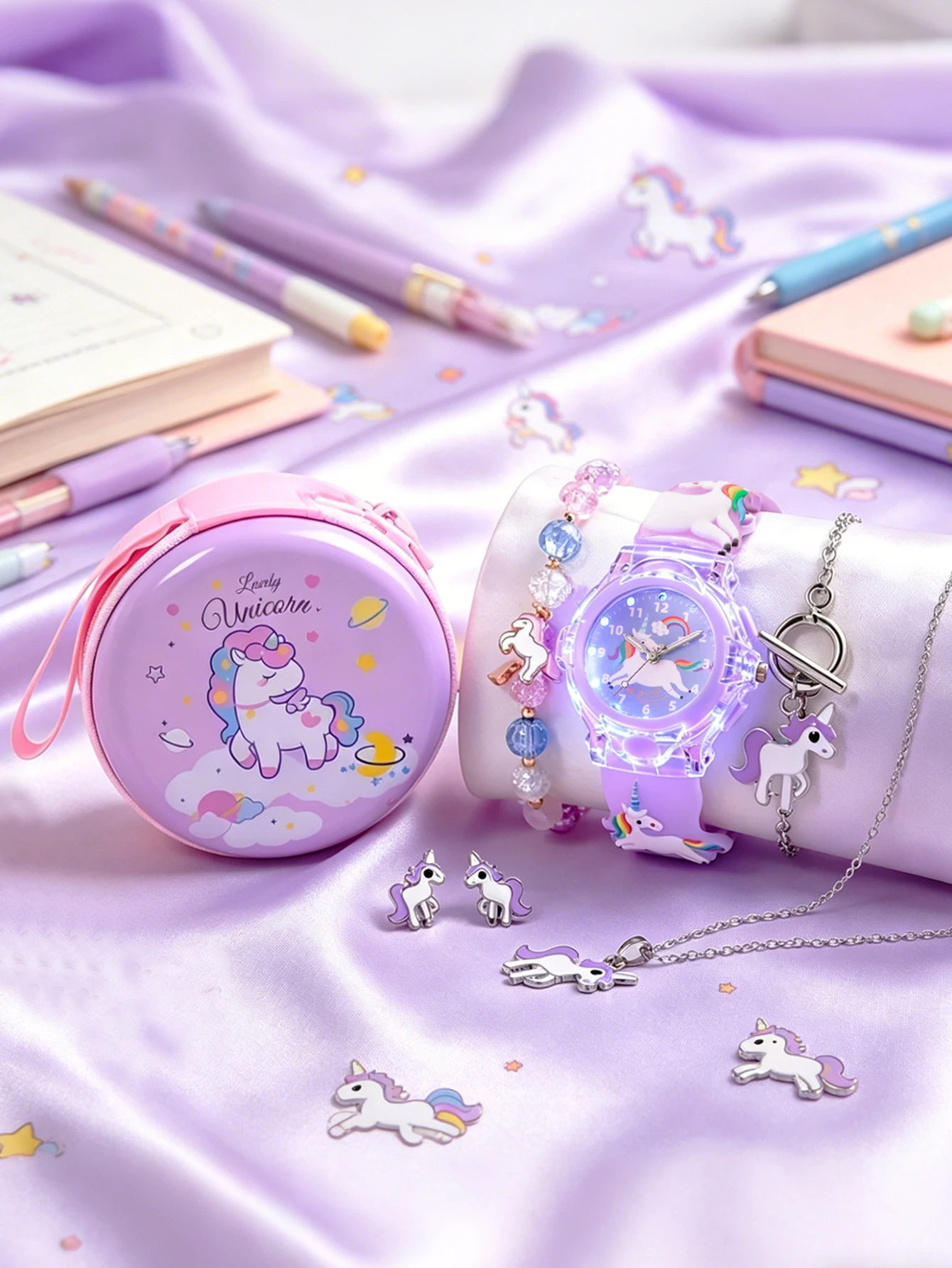 Kids Unicorn Jewelry Gift Set LED Light Watch + Necklace + Bracelet + Earrings + Coin Purse for Girls