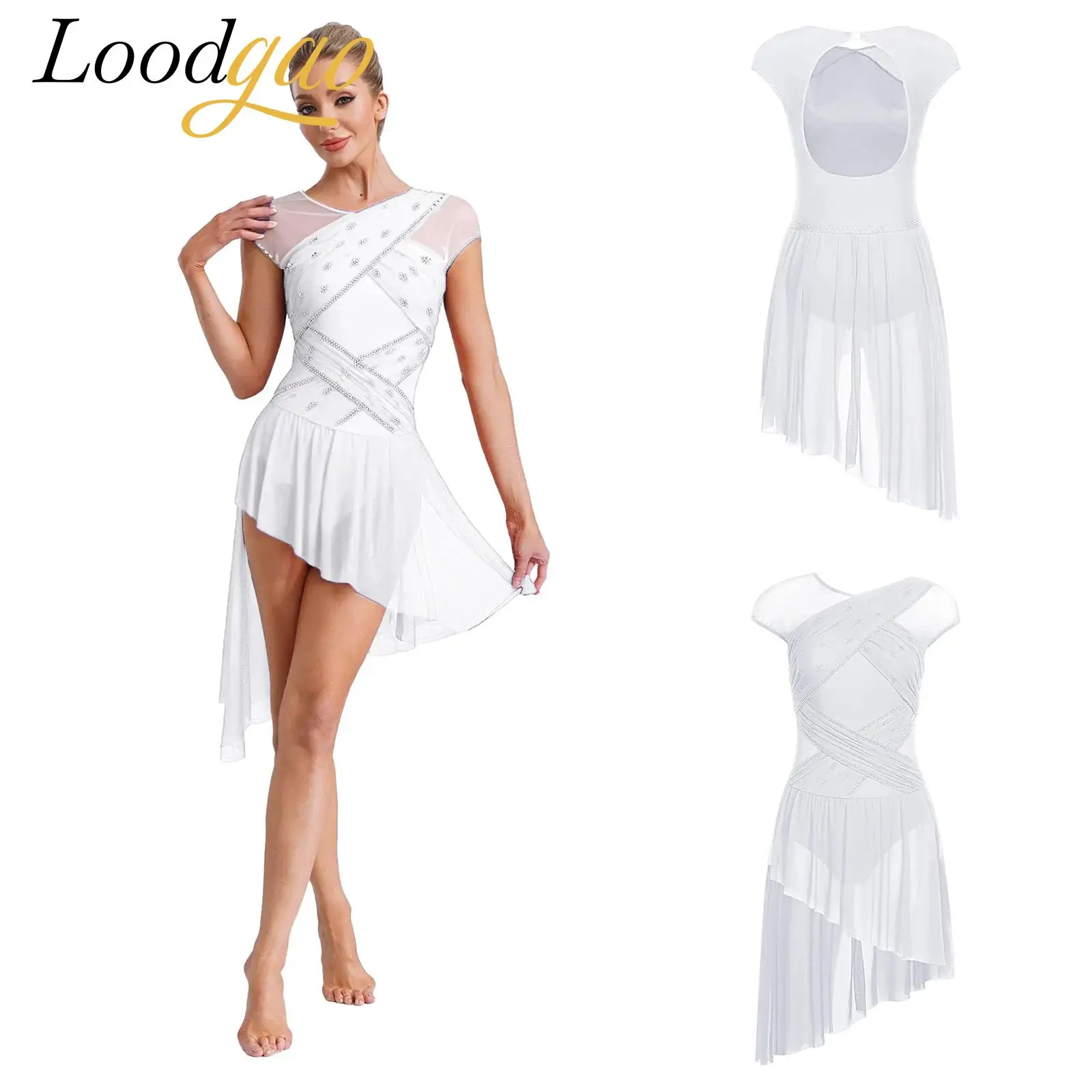 

Женское трико для фигурного катания, сетчатое платье с нерегулярным подолом, балетный костюм, гимнастическое боди, лирический танцевальный костюм, современная танцевальная одежда