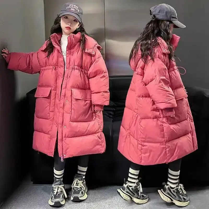 -30℃ Winter New Girls Jacket Long Solid Color Thick Keep Warm Hooded Windbreak Coat For 6-14 Years Teen Girls Fashion Snowsuit