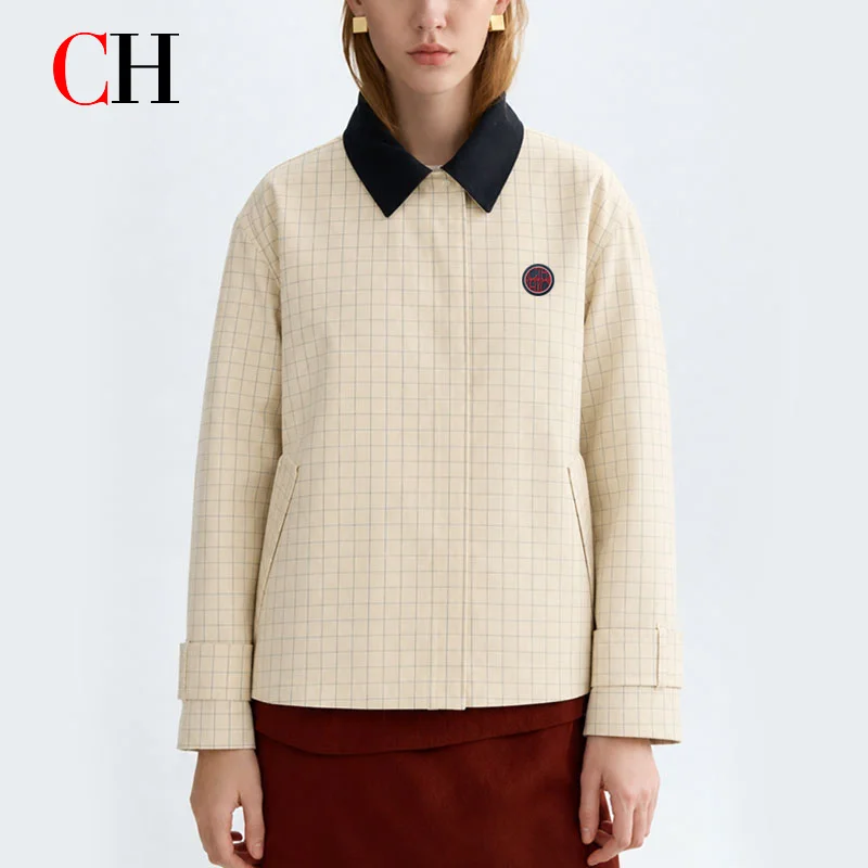 CH Women's Plaid Cropped Jacket Long Sleeve Button Shirt Contrast Collar Casual Elegant Outerwear Office Daily Wear