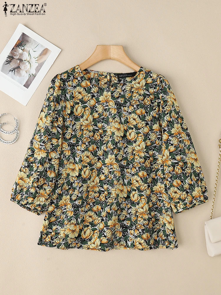 2025 Camicetta floreale stampata moda estiva ZANZEA Bohemain Vacanza Tunica Top Donna O Collo Camicia manica 3/4 Casual Lavoro Blusas