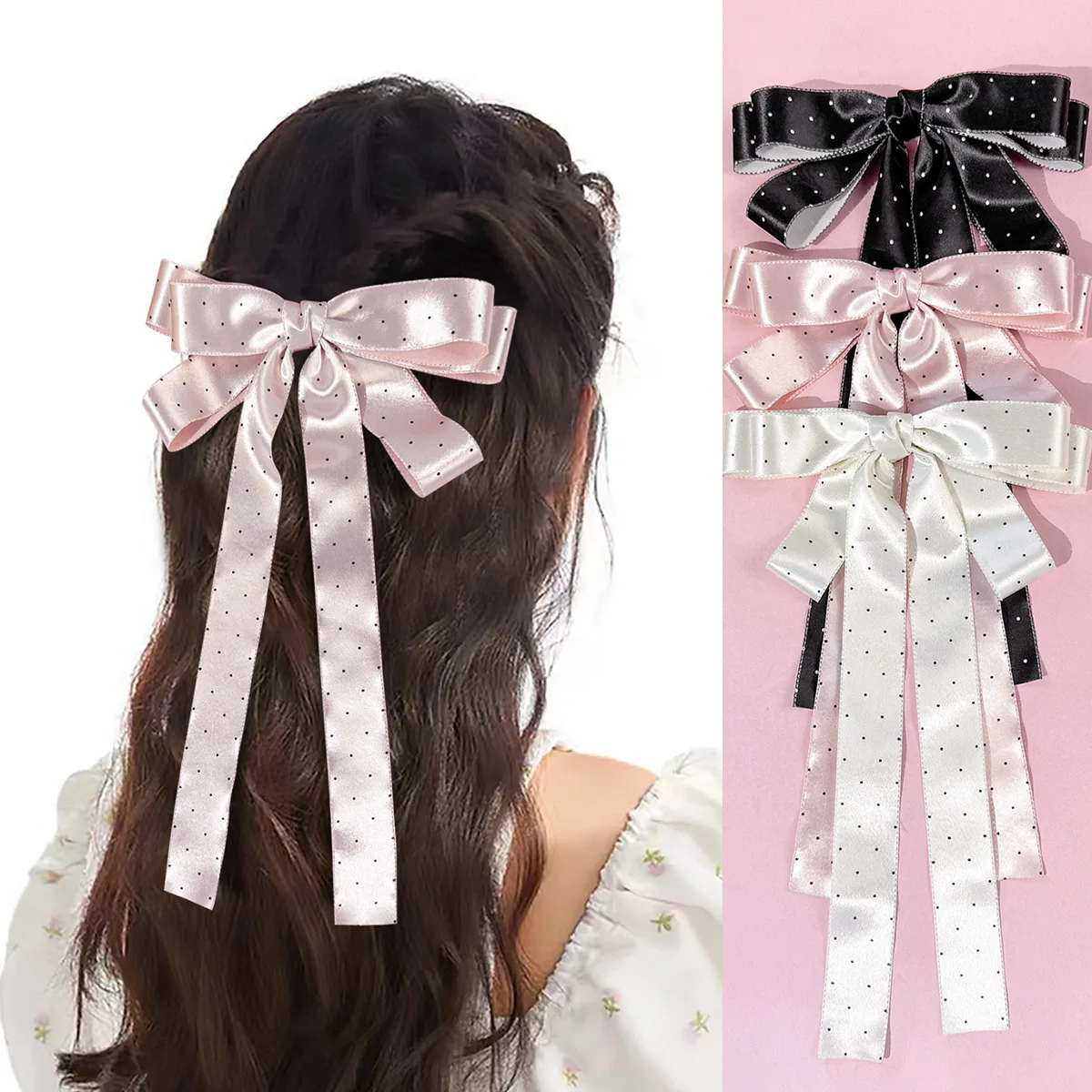 

24PCs Satin Ribbon Bow Hair Clips with Long Tassel Dot Spot Prints Ladies Side Barrettes Bulk Headwear for Girls And Women