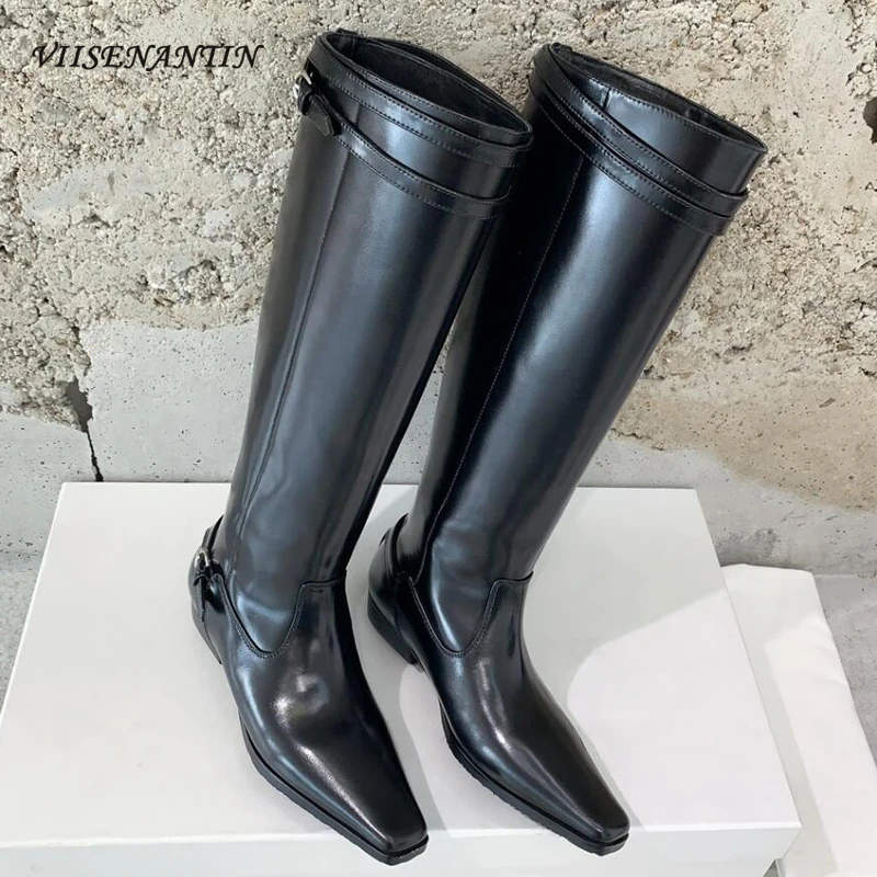 Western Women Knee High Boots Metal Buckle Belt Cowboy Boots Small Sqaure Head Block Low Heel Real Leather Shoes Females Size 40