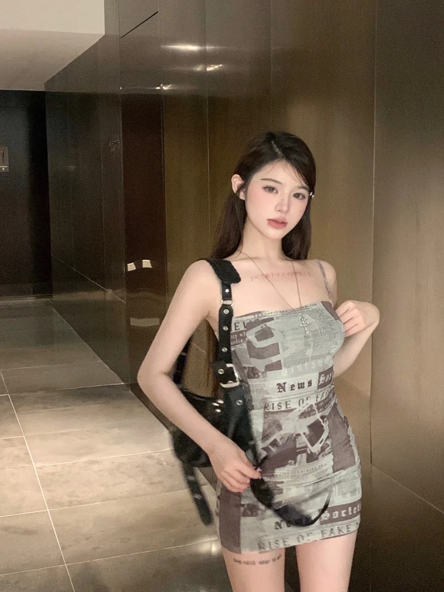 Sexy American Sle ort Dr Women's Tight Fit Bodycon Summer New Design Newspaper Print Hot Girl  Skirt One oulder
