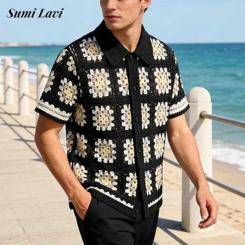 

Новая мужская вязаная рубашка на весну-лето 2026: повседневная, с коротким рукавом, на пуговицах, с отложным воротником, ажурная, винтажная, с геометрическим узором, крючком связана