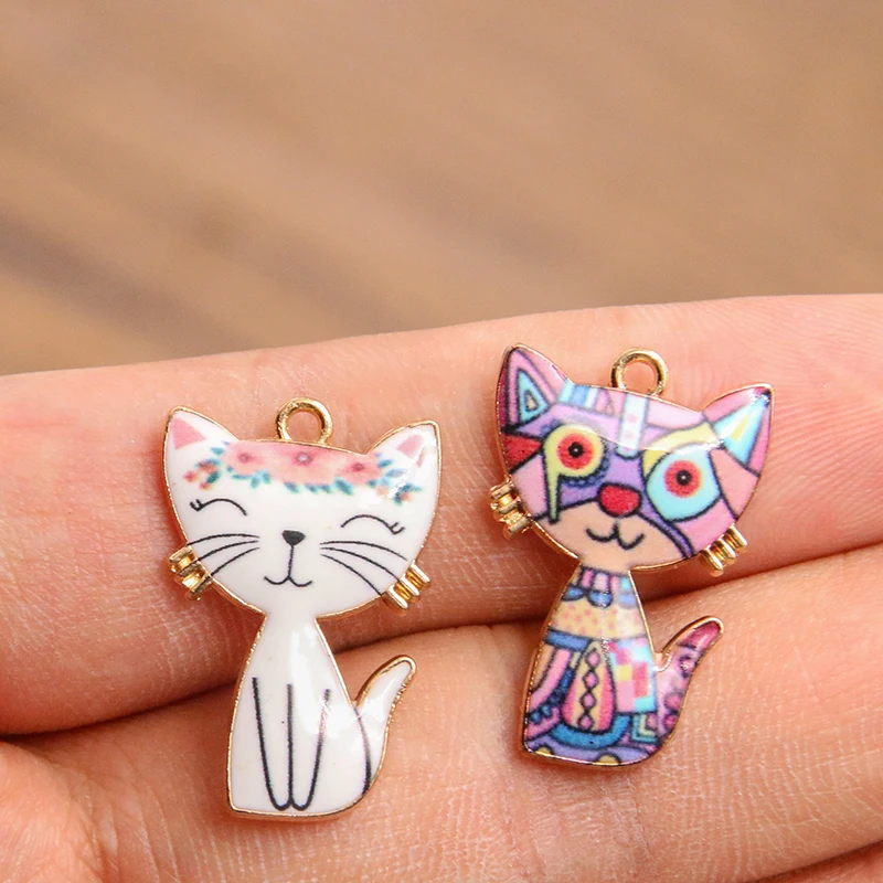 10Pcs 13 Color 17x26MM Alloy Metal Drop Oil Printing Cat Charm Animal Pendant For Enamel DIY Bracelet Necklace Jewelry Making