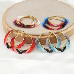 Beaded earrings Circle Rainbow Gradient Originality Design Hand knitting Bohemia Alloy Tide Simple Rice bead earrings