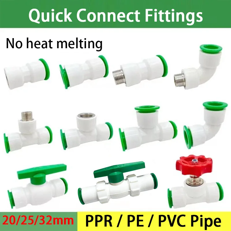 PE PVC PPR Water Pipe Push Fit Quick Connect Fittings 20 25 32mm No Heat Fusion Water Pipe Connectors Straight/Elbow/Tee/Valve
