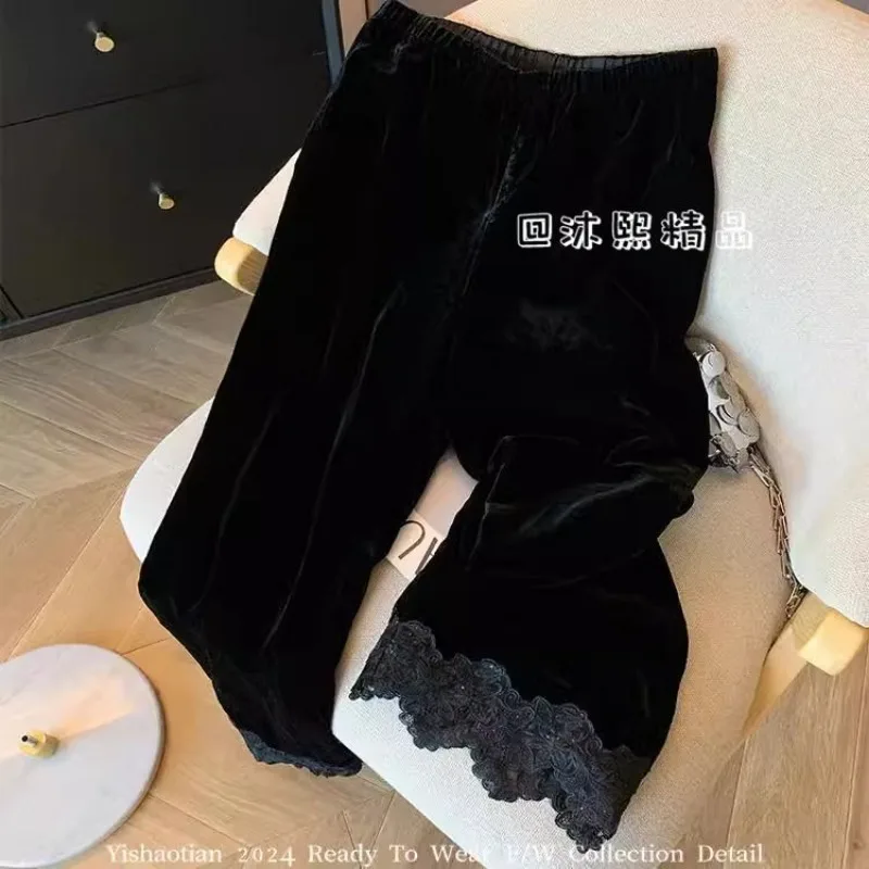 

Женская одежда, весенне-осенние модные повседневные кружевные лоскутные широкие брюки, женские темпераментные повседневные брюки с высокой талией, большие