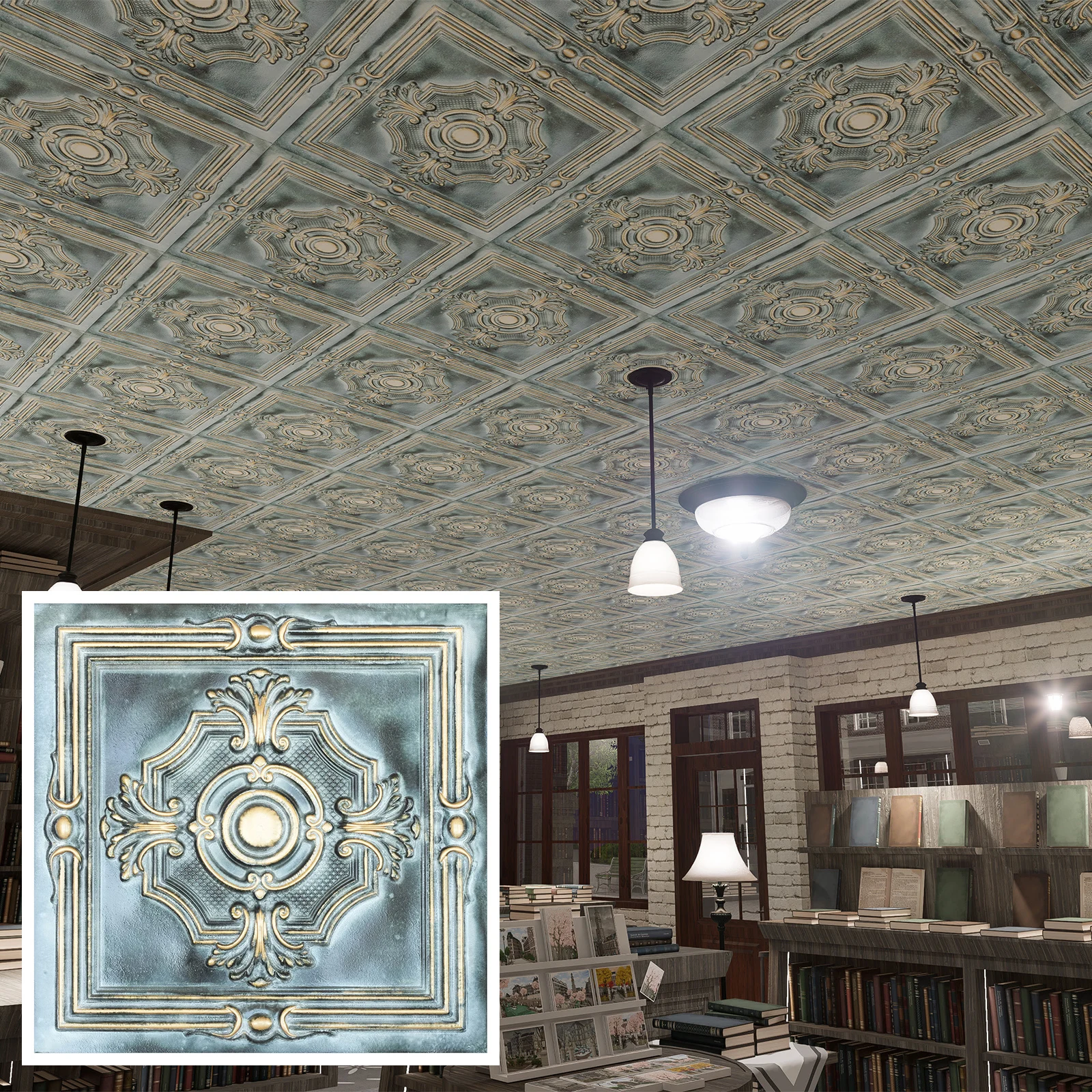 Distressed ceiling tiles，3D embossed panels，Vintage wall panels for Salon PL38 Bluish gold 10pcs